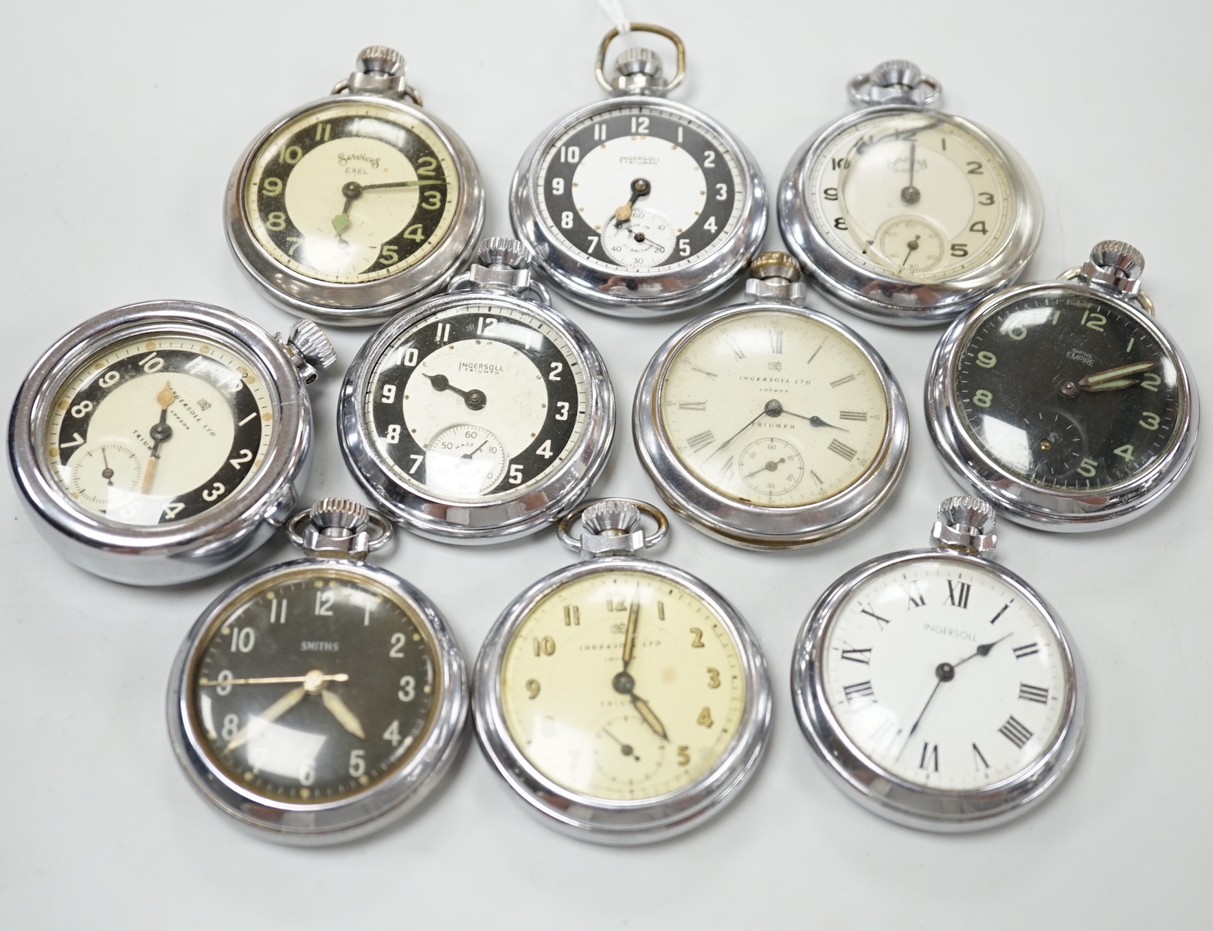 Ten assorted base metal pocket watches including Ingersoll, Services Excel and Smiths.